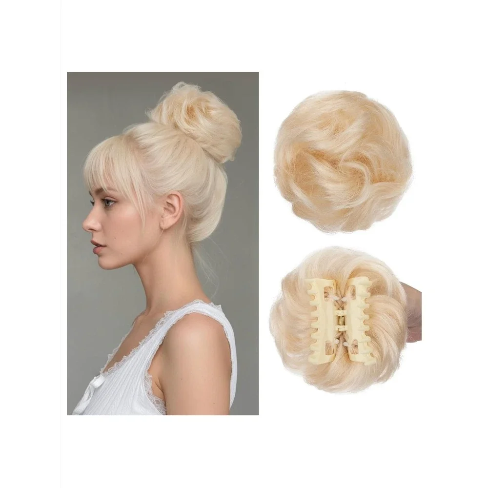 MY-LADY Human Hair Claw‎ Clip Messy Bun Extension Platinum Blonde Wavy Hairpiece